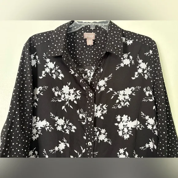 Chico’s 2 L Mixed Print Floral Polka Dot Blouse Grandmacore Office Church Drapey - Picture 2 of 8